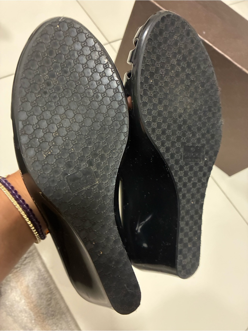 Gucci Marola Black Jelly GG Peep Toe Wedge Sandals Size 38 US 8 Like New Box - Picture 17 of 17